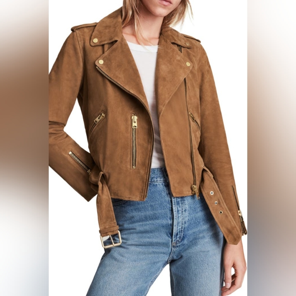 All Saints Balfern Suede Biker Jacket Sand Brown XS NWT